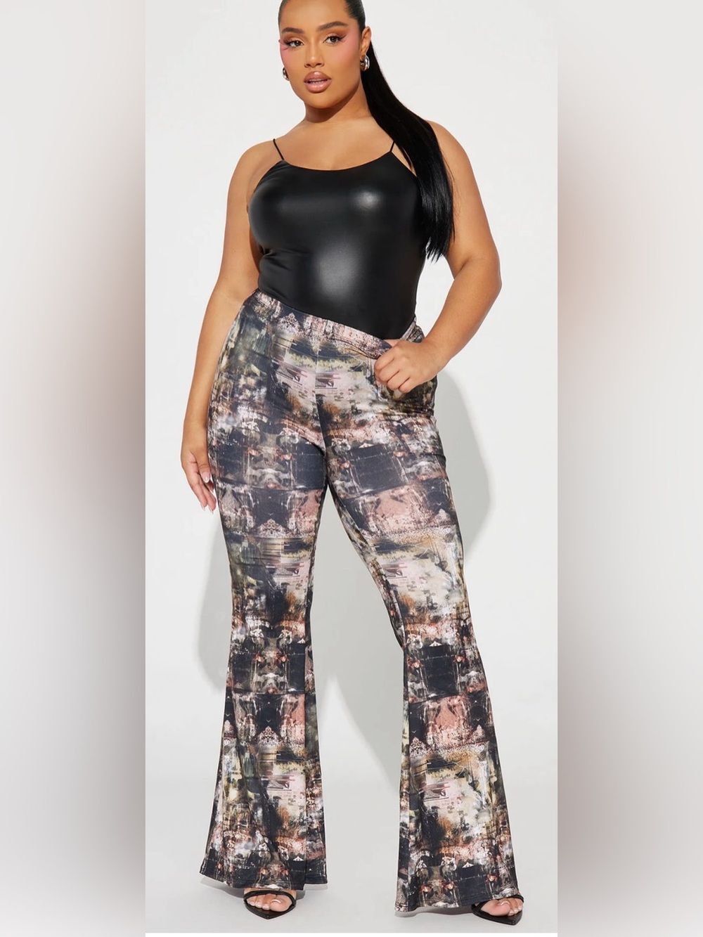 Fashion Nova Plus Abstract Flare Pants - Black, Cream and Brown